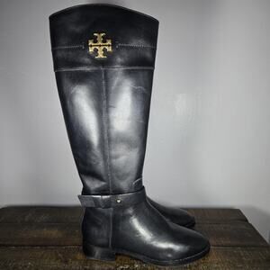 NEW Tory Burch Everly Riding Boots Womens Size 5 M Logo Leather Tall Boot Black